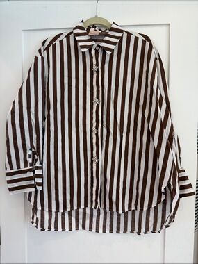 Zeta Otto Oversized Striped Shirt with Rhinestone Buttons XL